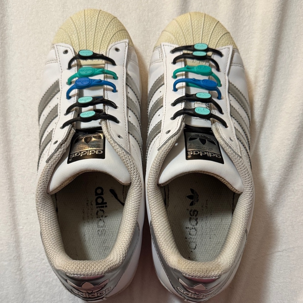 Adidas White & Gray Superstar Sneakers with Lace Locks